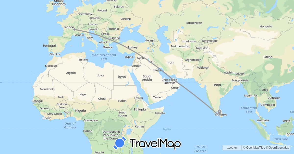 TravelMap itinerary: driving, plane in United Arab Emirates, France, Sri Lanka (Asia, Europe)